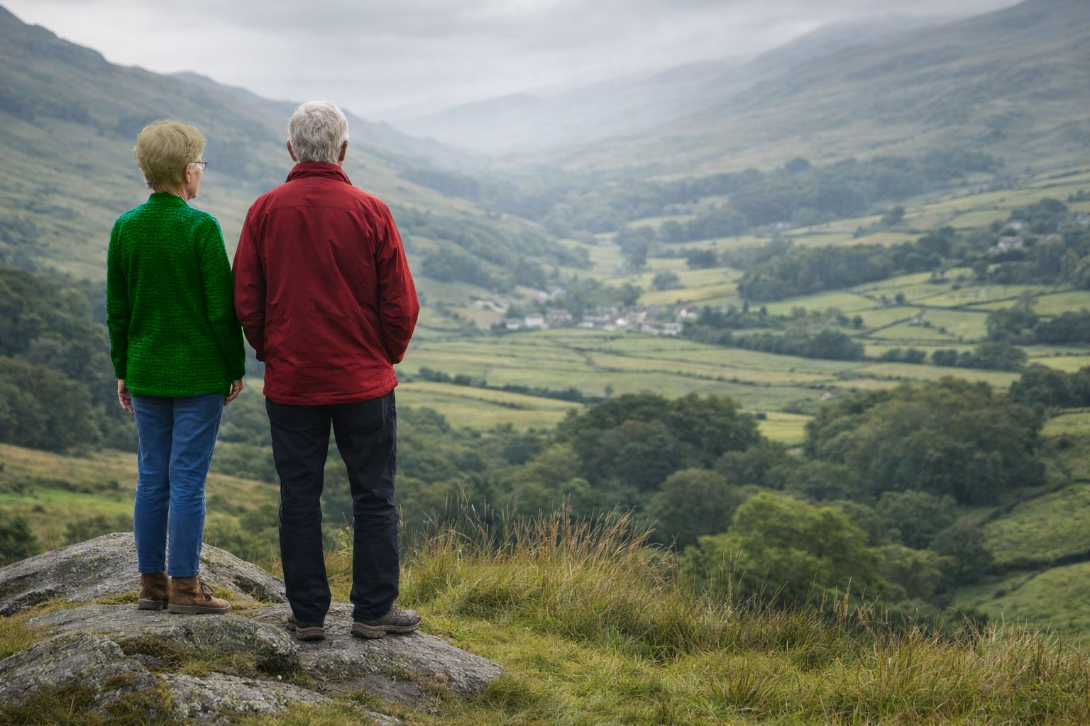 Mann und Frau blicken in Landschaft Mann und Frau blicken in Landschaft